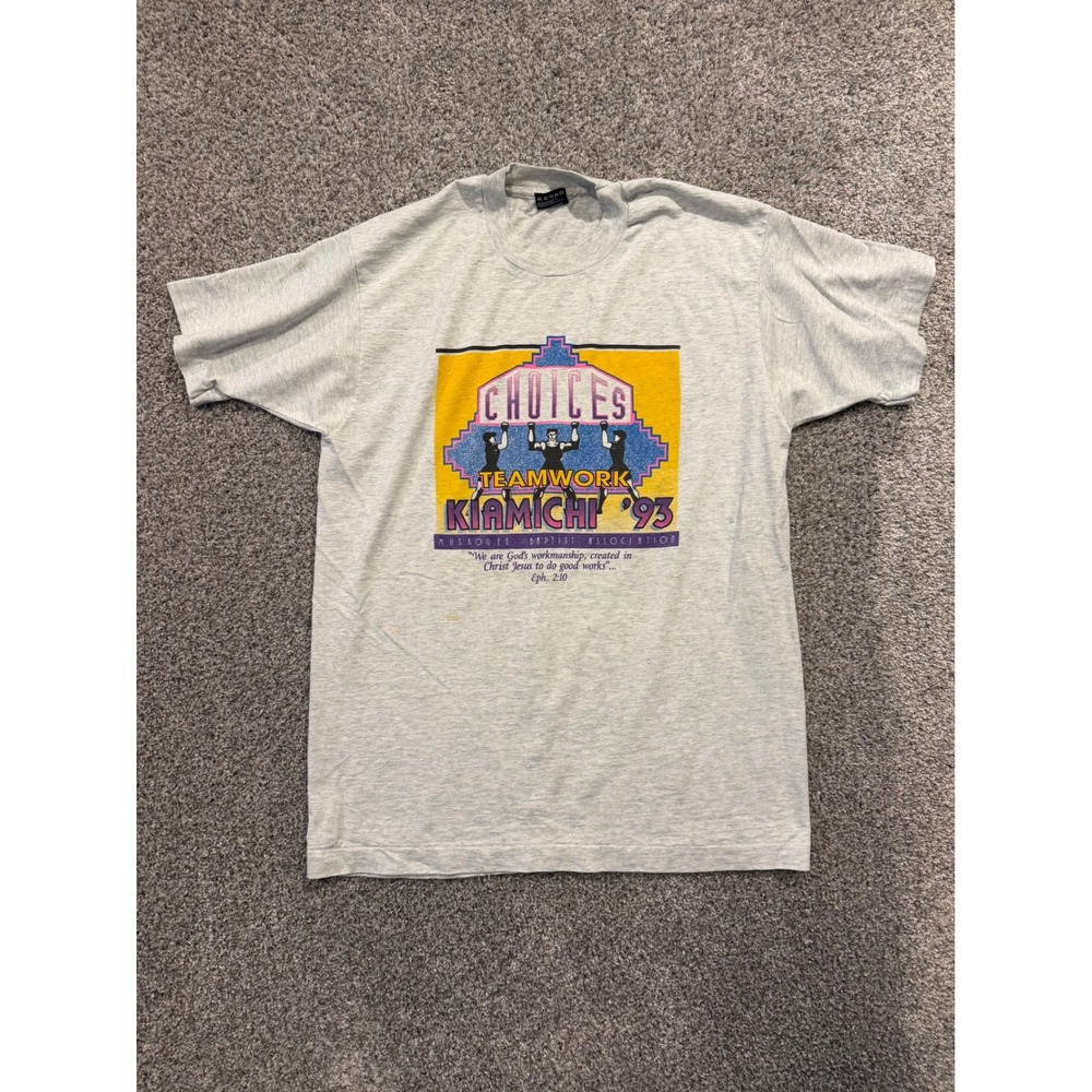 Vintage T-Shirt Mens L 93 Kiamichi Baptist Association Teamwork Choices Graphic*